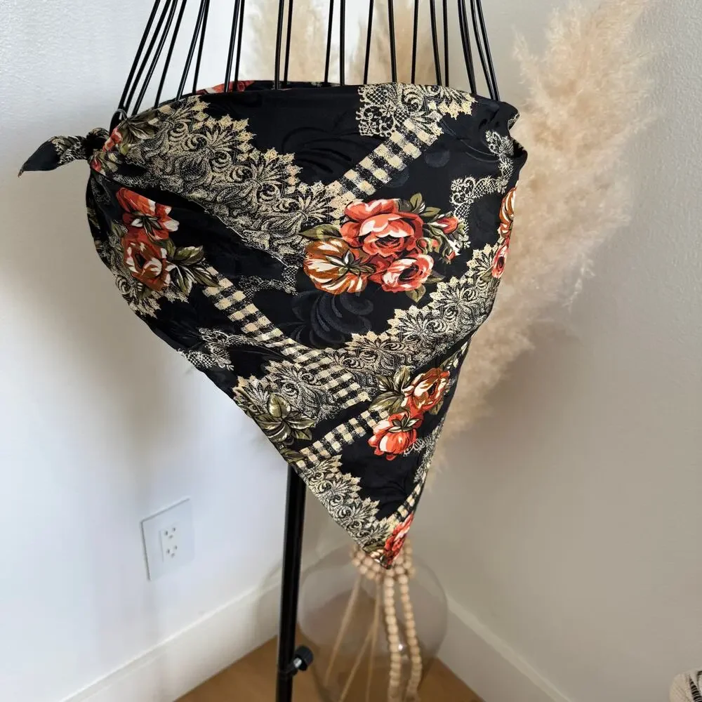 Vintage Black Floral Satin Lightweight Boho Cottage Square Scarf